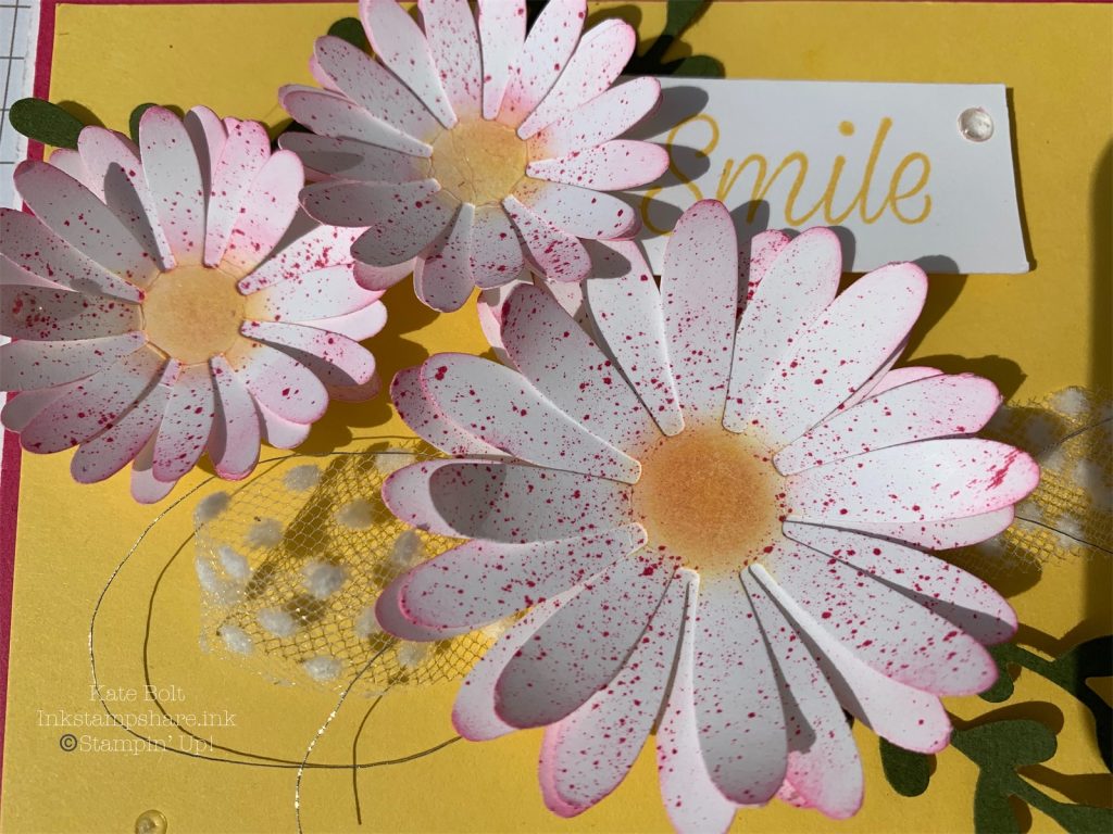 Card in Melon mambo and Daffodil Delight with White Daisies, splattered in Melon Mambo ink for the Inspire Create Challenge
