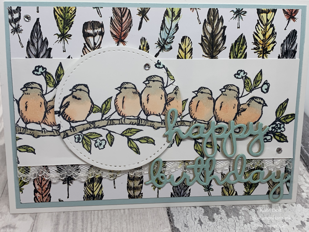 Birthday card made using the Bird Ballad Designer Series Papers and the Free As A Bird stamp set, Hand made card. Stampin Up! by Kate Bolt, Inkstampshare