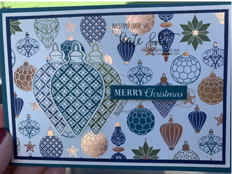 Hand made Christmas card with copper foiling using the Brightly Gleaming Designer Series papers and  the Christmas Gleaming stamp set and  bauble punches from Stampin' Up