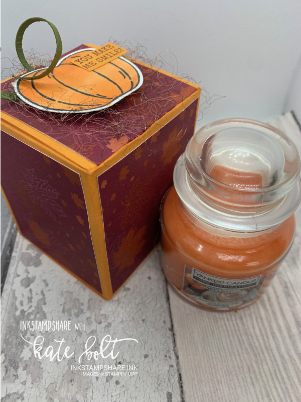 Pumpkin and Apple Yankee candle boxes made with the Come to Gather papers and  the Harvest hello's Bundle. Stampin Up with You Tube tutorial.