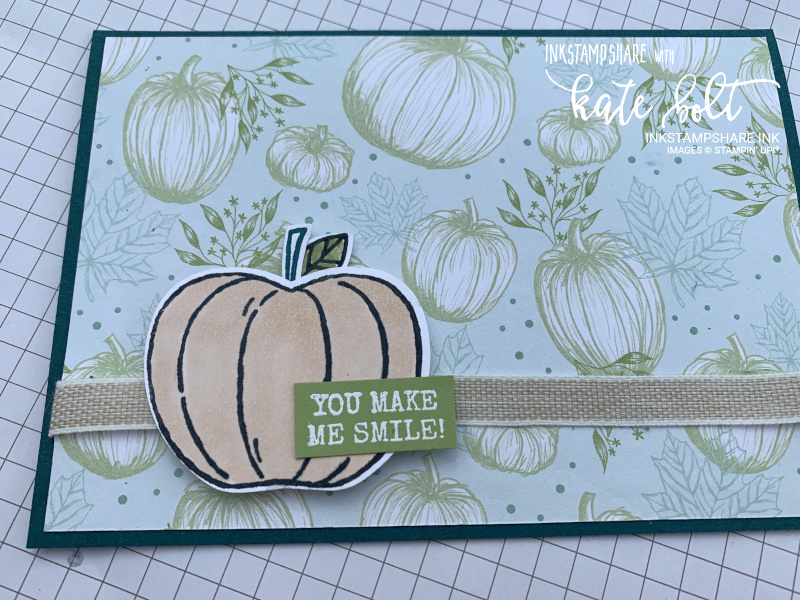 Thank you card using the Come To gather papers & The Harvest Hello's bundle. The pumpkin is stamped and  punched out and  then coloured ivory, mounted on to the pumpkin papers and  Pretty Peacock card stock. Autumnal thank you card. Stampin' Up!