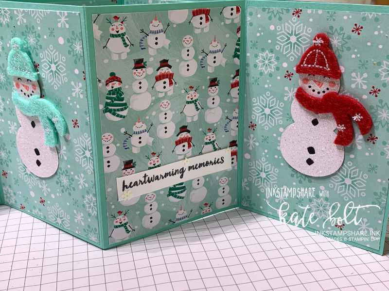 Fancy Fold Christmas Card. Z fold card with fun juggling snowman on the front. The inside folds out to show two more sparkly snowmen dressed up in hats and scarves using the Let It Snow Embellishment Kit. The inside has the Snowman Season Designer Series Paper.