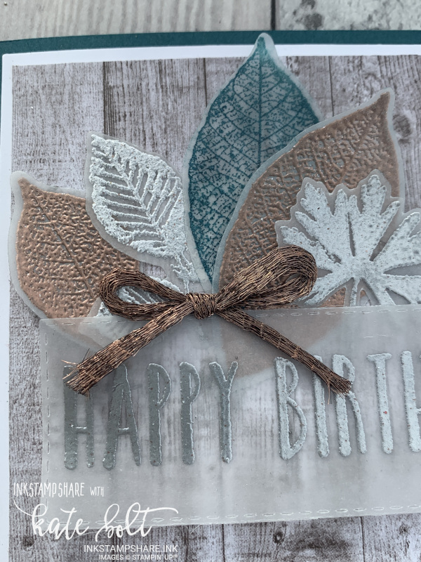 November Birthday card for the Stampin Up UK Demonstrator Facebook Page. Using the Perennial Birthdays stamp set and  the Rooted IN Nature stamps and dies. The paper is a distressed wood from the Come To Gather papers and  the leaves and  sentiments are heat embossed in metallics giving a wintery feel. Perfect for both men and women