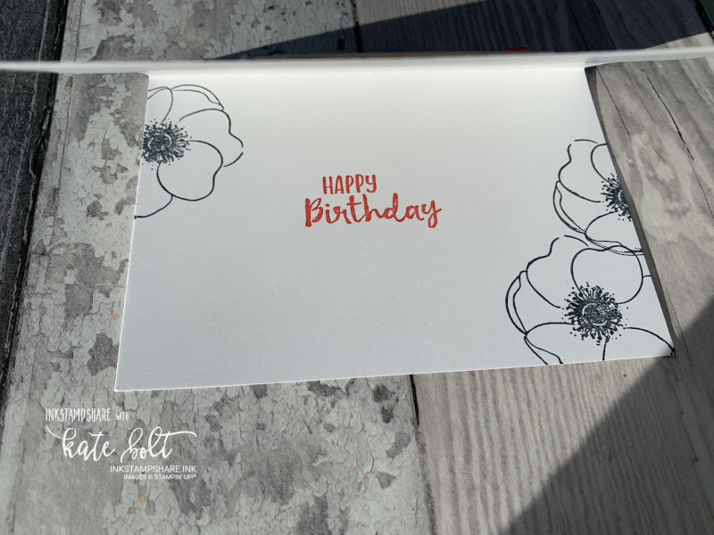 Inside the Painted Poppies birthday card. Poppies stamped in black and  Happy Birthday stamped in Poppy Parade from the Sending You Thoughts stamp set.