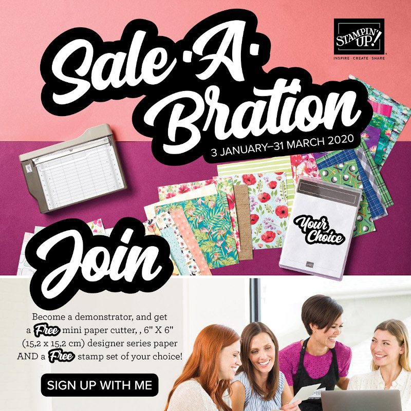 Join my team during Saleabration and  receive £130 of products for £99 plus, a mini trimmer, paper sampler, a stamp set of choice, free shipping and  ongoing discounts.