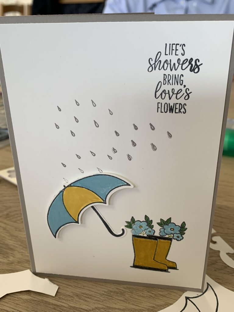 Under My Umbrella card using #simplestamping for Coffee and  Cards. This one had a rain shower, shimmery boots in Coastal Cabana with flowers tumbling out of the top.