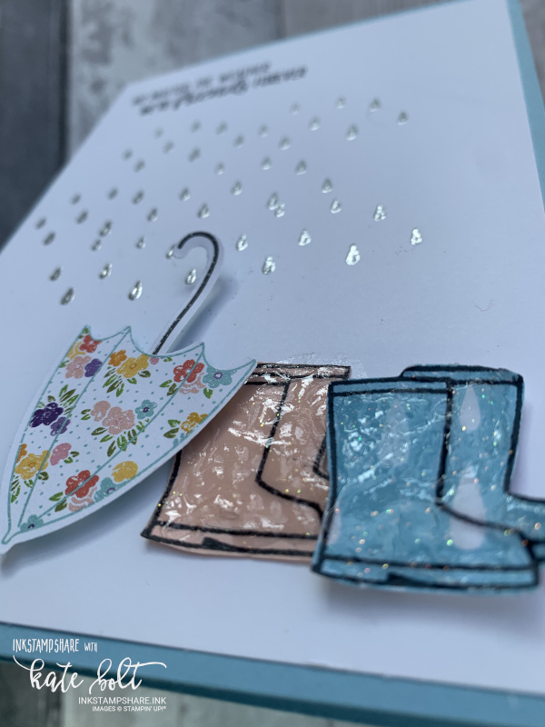 Under My Umbrella stampin Up card, with wet sparkly wellies using the Shimmery Crystal Effects.