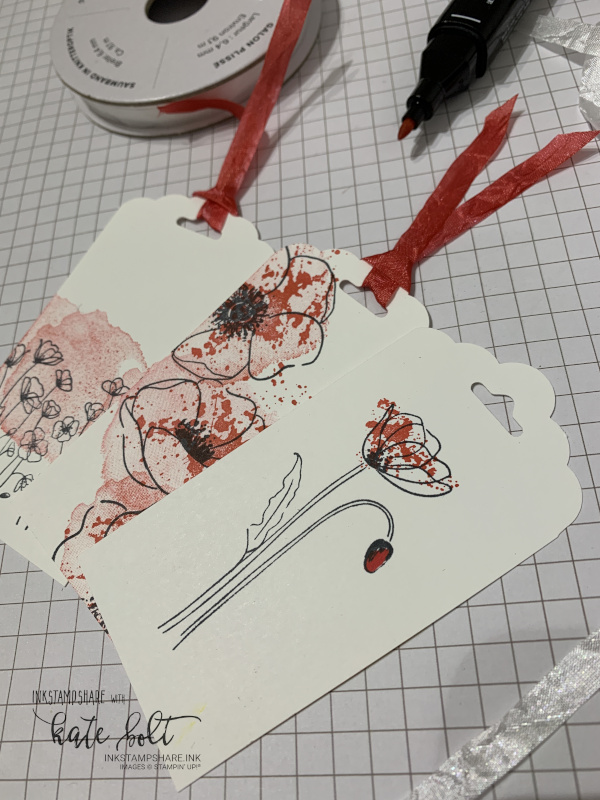 Gift tags using the Painted Poppies stamps and  the Scalloped Tag Topper Punch. You can create ribbon to match any colour you choose using the white crinkled seam biding ribbon and  Stampin Blends Markers