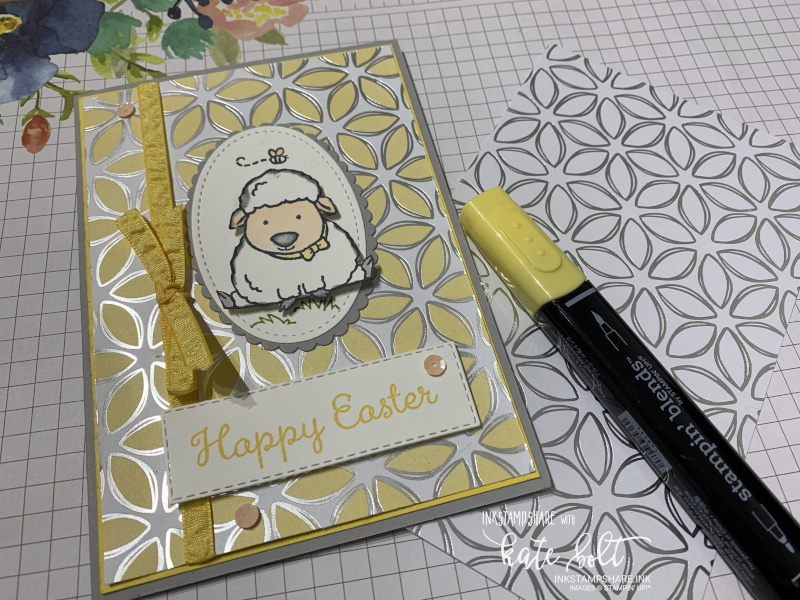 Colour the Flowering Foils Papers with the Stampin Blends. This one in Daffodil Delight to create a fun, spring, Easter card.