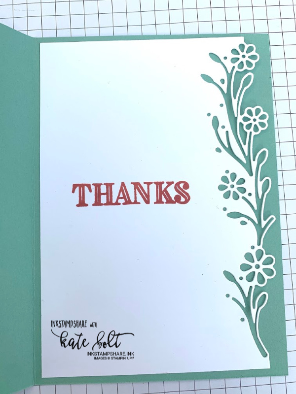 Thank you card for Stay at home, join me for coffee & cards. Made using the Ornate Garden Suite by Stampin' Up. Terracotta Tile and  Mint Macaron colours with a bold thank you sentiment. Beautiful edging using the Ornate Borders Dies. 