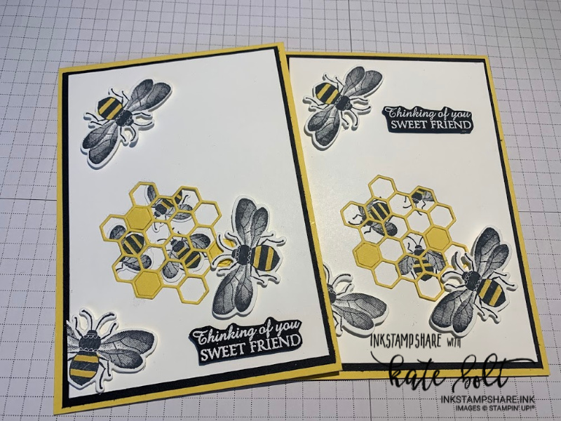 Honey Bee card with bees, honeycombe and  thining of you sweet friend embossed in white on black.