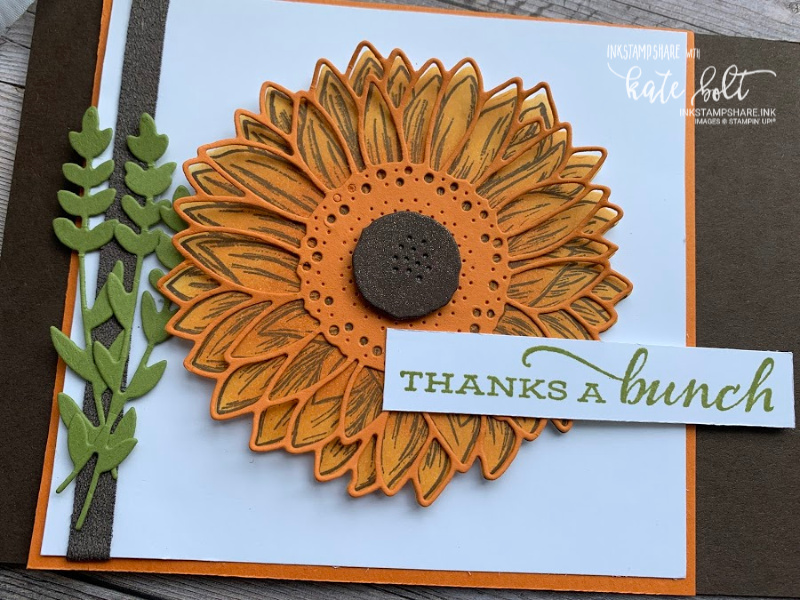Thanks A Bunch! Thank yo card using the Celebrate sunflowers stamps and  dies! Sunflower card in vibrant Pumpkin Pie and  Early Espresso.