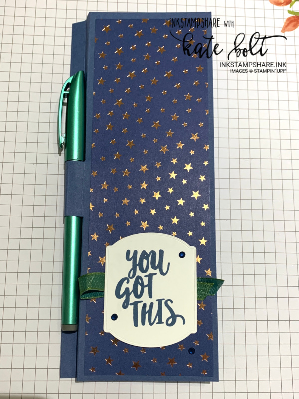 Magnetic Jotter Cover & Pen using the Brightly Gleaming Papers from Stampin Up and  matching card. See the tutorial here to make it. So simole.