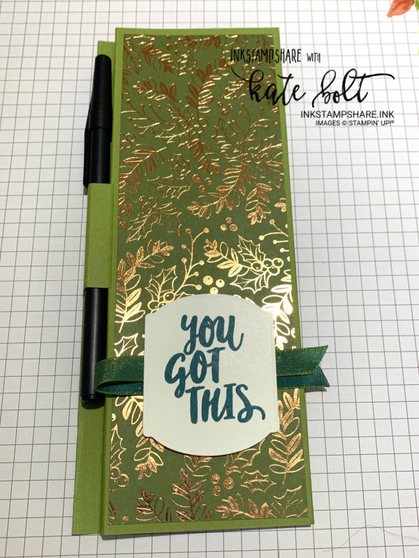 Magnetic Jotter Cover & Pen using the Brightly Gleaming Papers from Stampin Up and  matching card. See the tutorial here to make it. So simole.