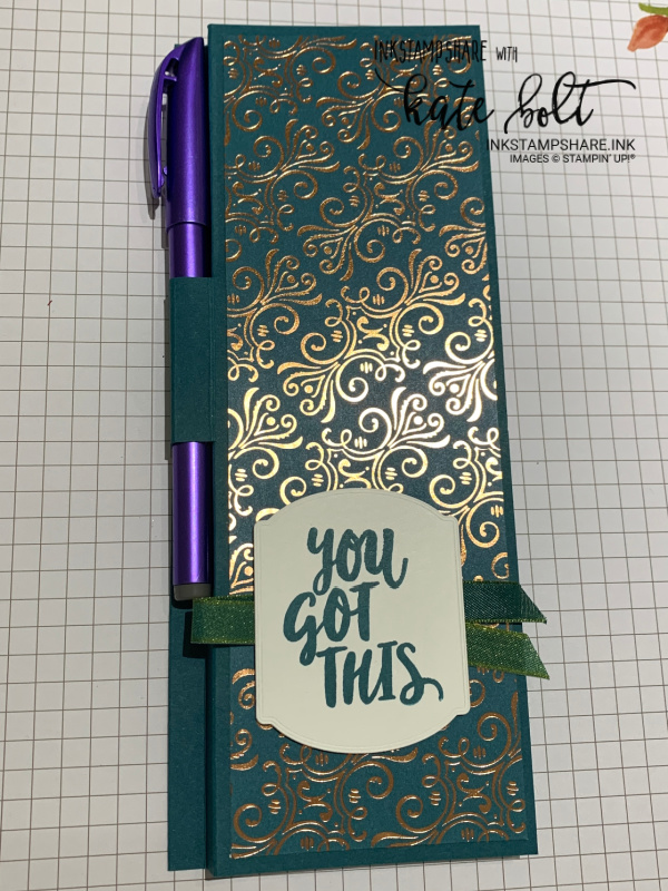 Magnetic Jotter Cover & Pen using the Brightly Gleaming Papers from Stampin Up and  matching card. See the tutorial here to make it. So simole.