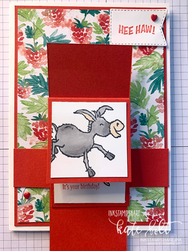 Darling Donkeys Waterfall Card. Using the fun Darling Donkeys stamps to make an interactive waterfall birthday card