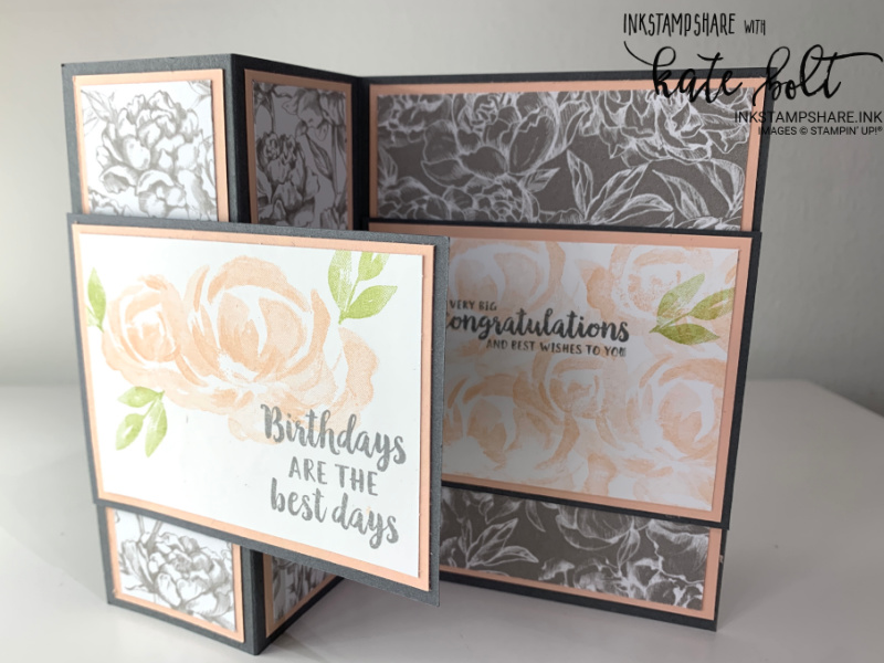 Z fold birthday card in Basic Gray and Blushing Bride, using the Peony Garden Papers and  the rose stamp from the Beautiful Garden stamp set in Blushing Bride