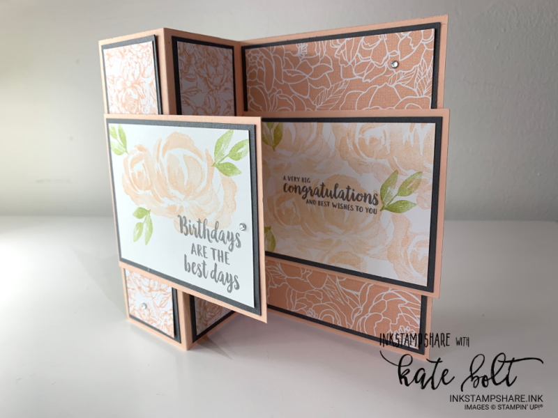 Z fold birthday card in Basic Gray and Blushing Bride, using the Peony Garden Papers and  the rose stamp from the Beautiful Garden stamp set in Blushing Bride