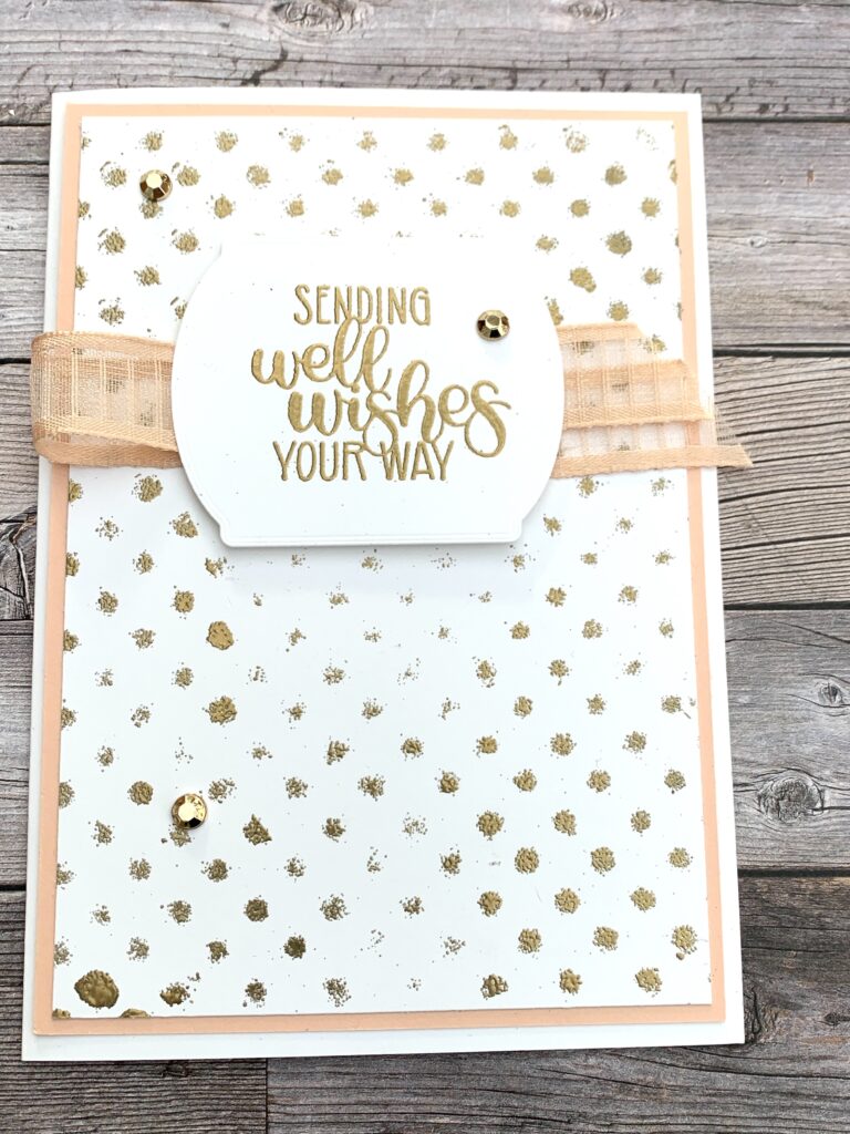 Using heat embossing with masking to create backgrounds for this get well card in gold. pink and  white, With YouTube tutorial.Using the Dandelion Wishes stamp set.