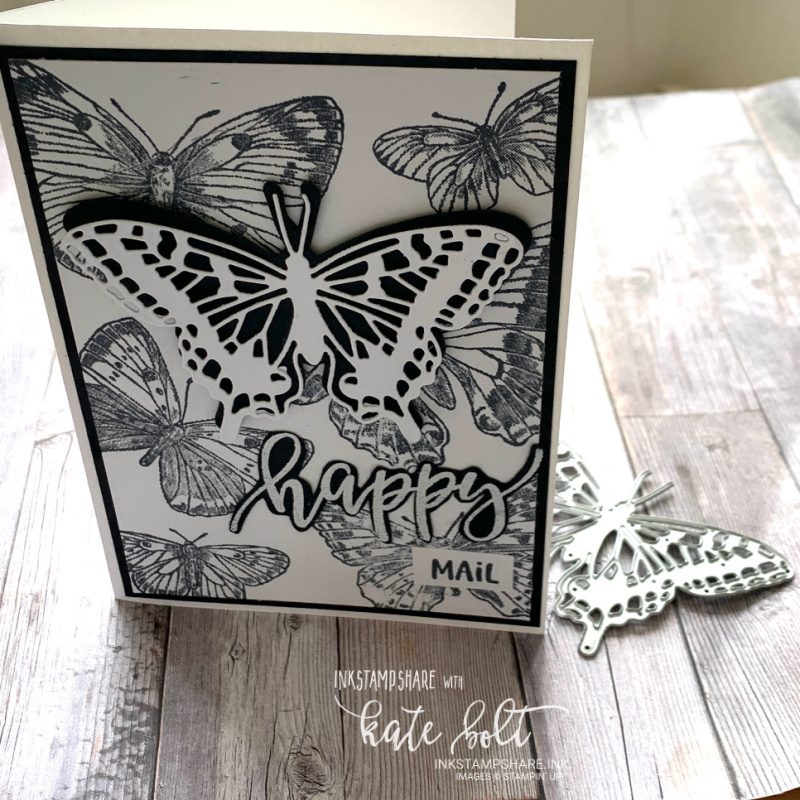 Card for the Stampers Showcase Blog hop's black & white theme. using the Butterfly Brilliance to create this card full of happy mail!