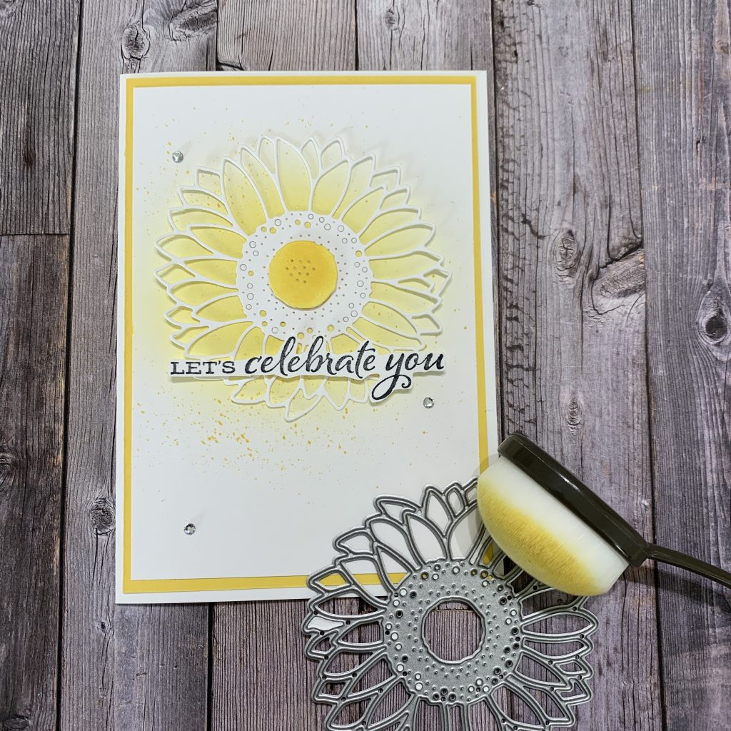 Sunflower celebration card using blending brushes and ink splattering in Daffodil Delight and  Sunflower dies.