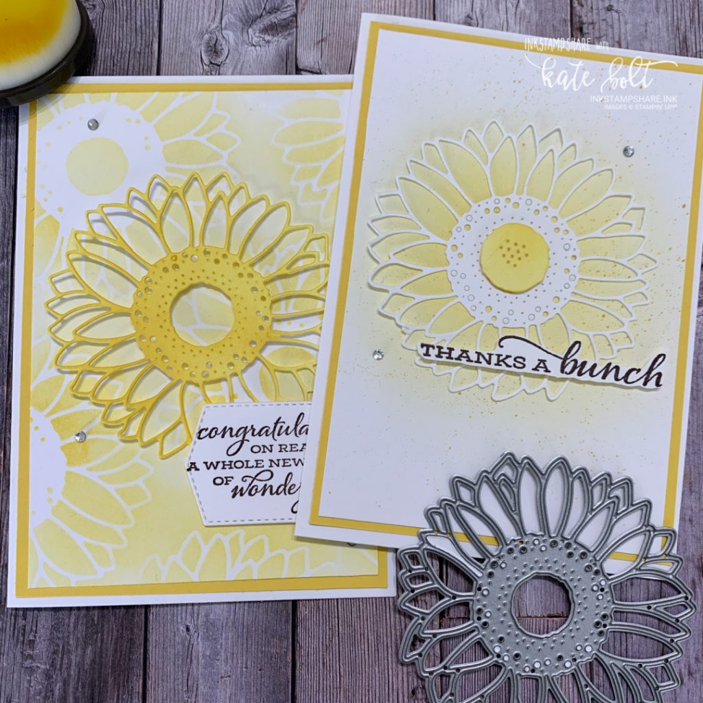 Hand made card featuring a soft background of sunflowers and  a sunflower die coloured with Daffodil Delight ink using blending brushes. All products from Stampin' Up! Made by inkstampshare.ink