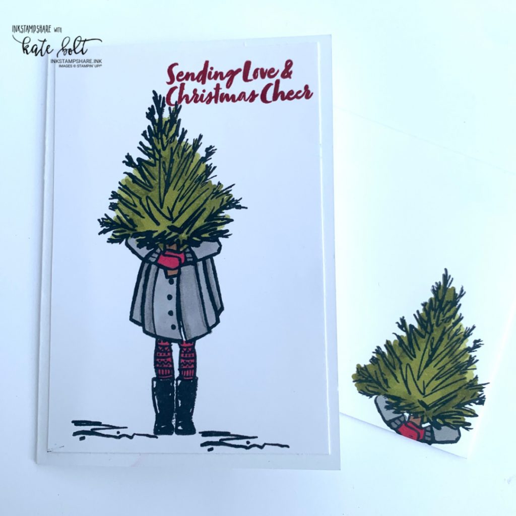 Delivering Cheer At Birthdays & Christmas with the Delivering Cheer stamp set. A sweet Christmas Card with imagery showing a girl delivering a Christmas Tree, Gifts or a bouquet of flowers. Perfect for use with lots of colouring mediums. This one using the Stampin Blend Markers. All from Stampin Up!