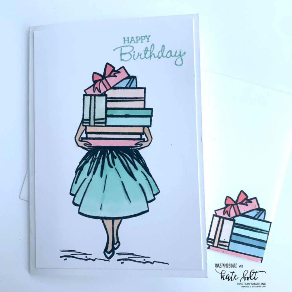 Delivering Cheer At Birthdays & Christmas with the Delivering Cheer stamp set. A sweet Christmas Card with imagery showing a girl delivering a Christmas Tree, Gifts or a bouquet of flowers. Perfect for use with lots of colouring mediums. This one using the Stampin Blend Markers. All from Stampin Up!