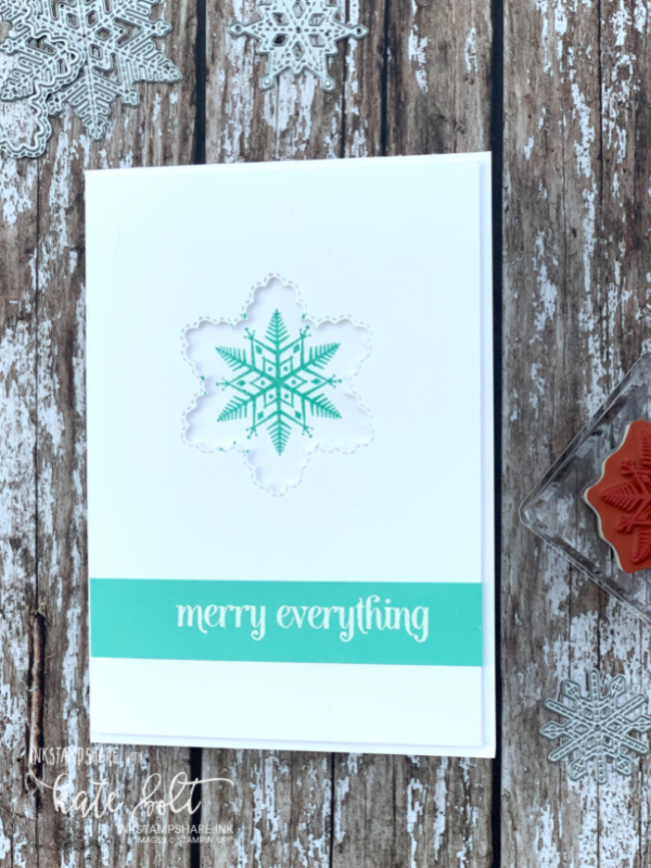 Clean & Simple Merry Snowflakes Christmas card in Coastal Cabana and  White . Using the Merry Snowflakes stamps and  the Stitched Snowflakes dies. The snowflake is stamped in Coastal Cabana with a stitched snowflake aperture over the top. 