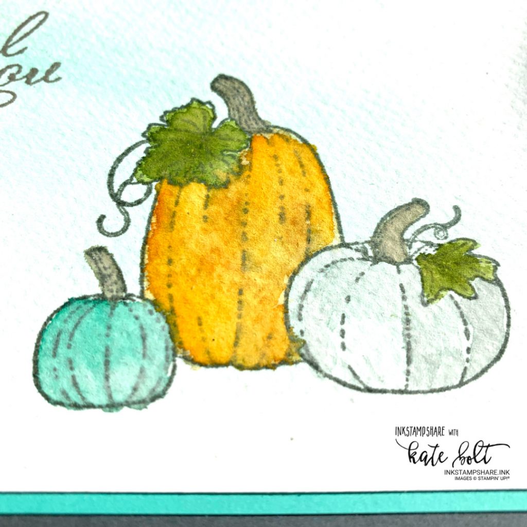 Close up of Water coloured thank you card featuring three pumpkins using the Pretty Pumpkins stamp set from Stampin Up. Using Pumpkin Pie, Smoky Slate and  Coastal Cabana ink pads and  a Water Painter.