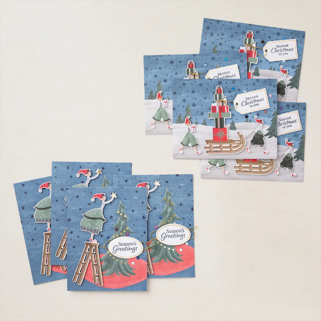 Chrismas Whimsey Card Kit from the Stampin Up Kit Collection. Completed