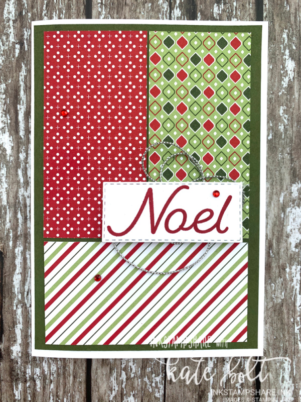 Easy Cards With Heartwarming Hugs DSP. Create easy Christmas cards with your papers. Featuring Reds and  green Christmassy papers and  the Happy Holly Days stamp set from Stampin Up