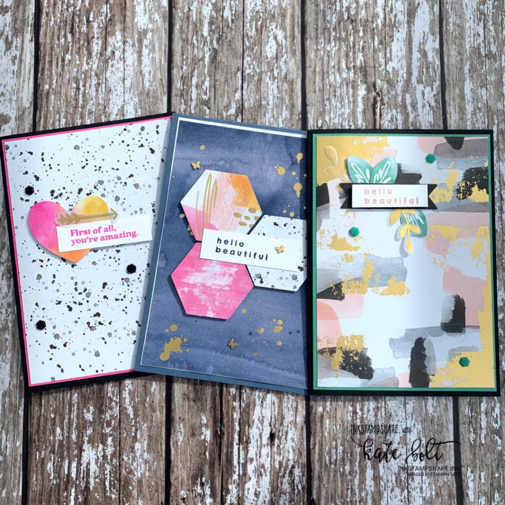Three hand made cards using the Abstract Beauty Suite by Stampin Up at Coffee & Cards live. 