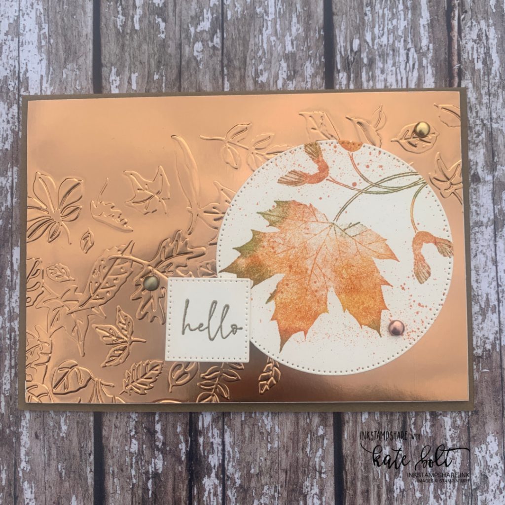 Copper metallic card embossed using the Leaf fall embossing folder from Stampin Up with a stamped image from the Soft Seedlings stamp set.