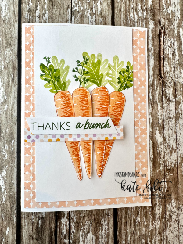 Carrot card made using the Thanks A Bunch Stamp set from Stampin Up Saleabration. The card says Thanks A Bunch and  uses the Dandy Designs papers from Stampin Up.
