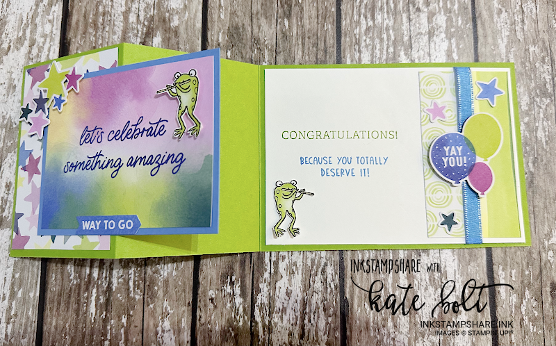 Celebration card using the Bright & Beautiful Memories & More card pack from Stampin Up. Showing the inside of this fun fold.Check out the frog from the Zoo Crew Papers. Fun, cheerful congratulations cards. With YouTube tutorial