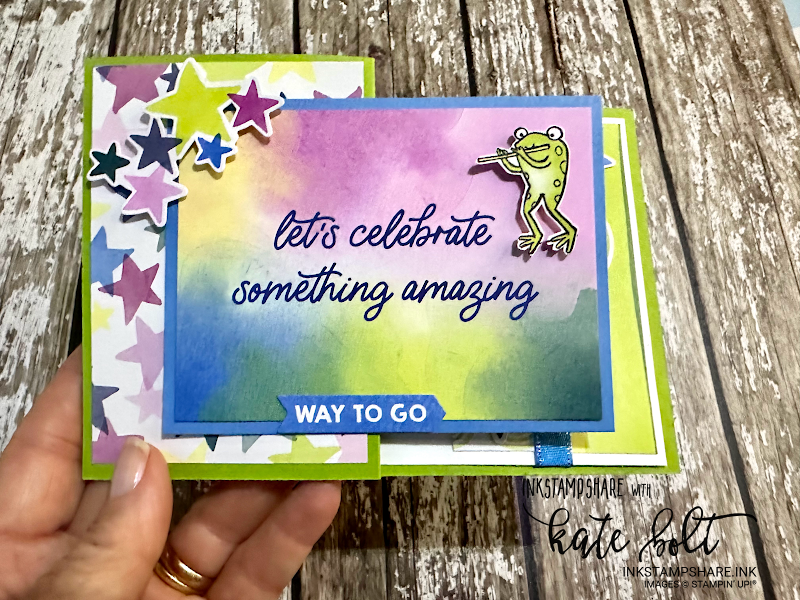 Celebration card using the Bright & Beautiful Memories & More card pack from Stampin Up. Check out the frog from the Zoo Crew Papers. Fun, cheerful congratulations cards. With YouTube tutorial