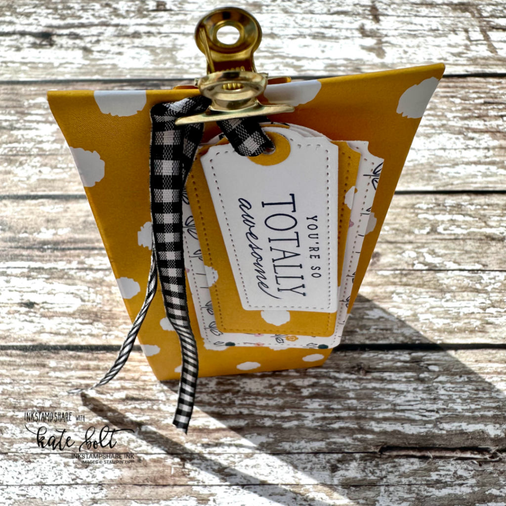 Create an easy gift bag using the Delightfully Eclectic Papers from Stampin Up with measurements. Using the Tailor Made Tag dies for the tags. Top view.