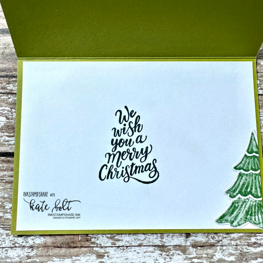 Inside of a Christmas card using the Merriest Trees stamp and die set and  the Walk In The Forest Papers, all from Stampin Up. With YouTube Video for Coffee & Cards