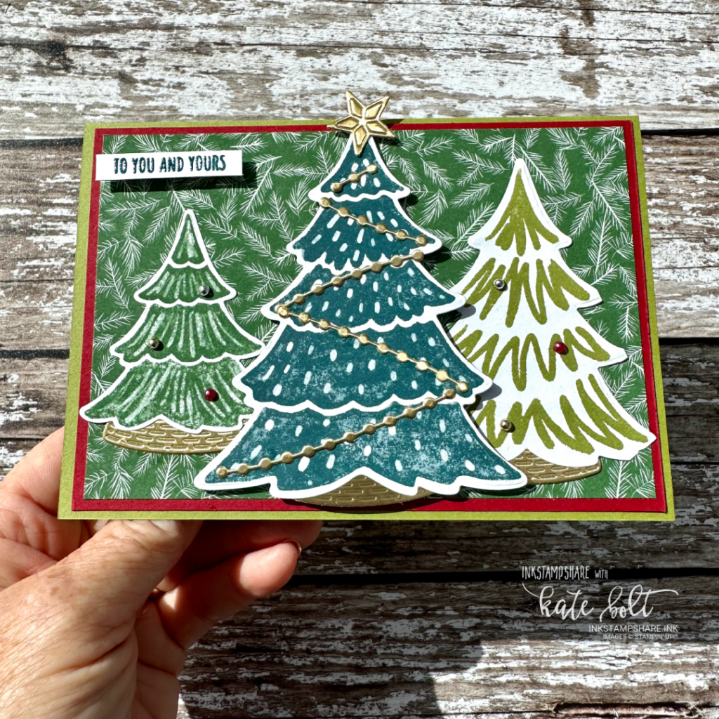 Christmas card using the Merriest Trees stamp and die set and  the Walk In The Forest Papers, all from Stampin Up. With YouTube Video for Coffee & Cards