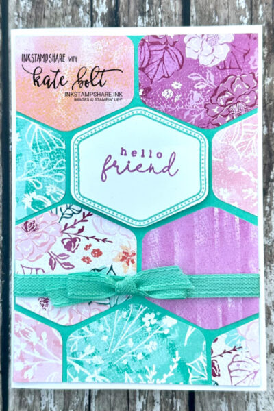 New Catalogue , a walk through, an offer and Unbounded Beauty paper from Stampin Up for this card using the Heartfelt Hexagon stamp/punch bundle